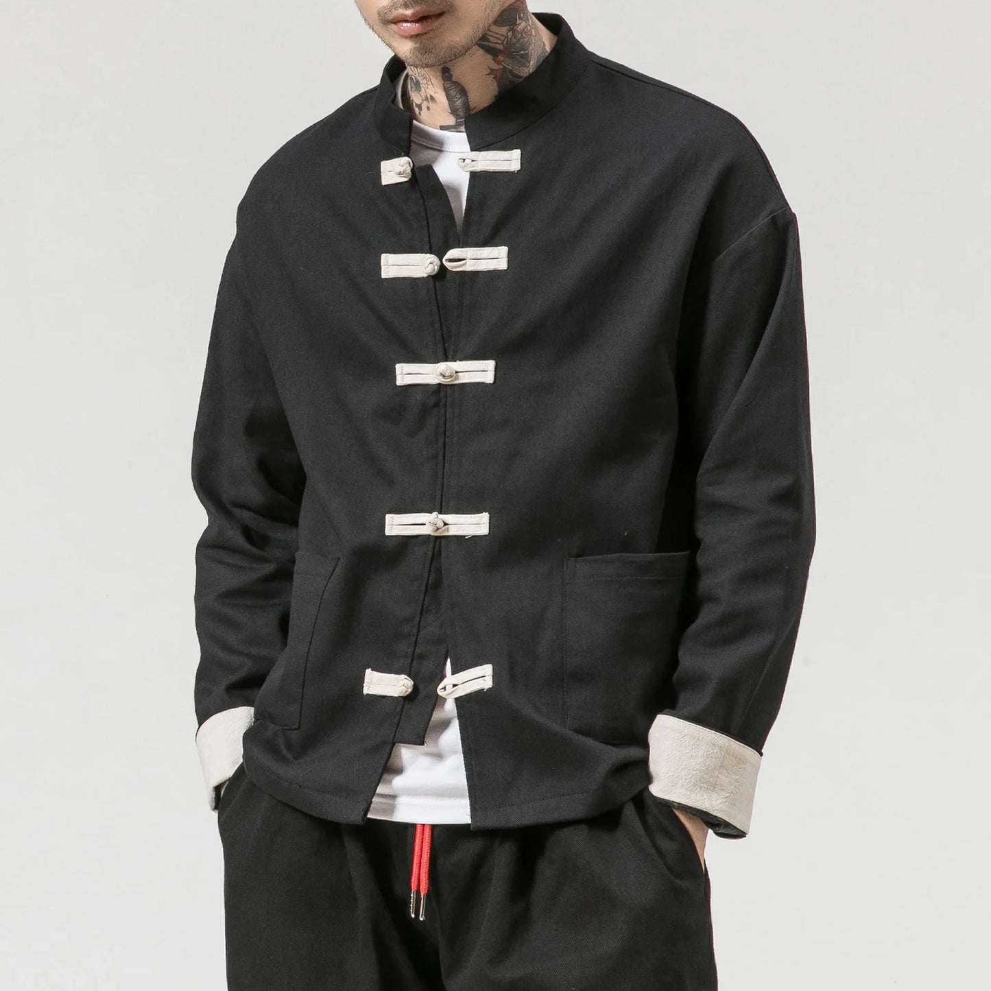 Men Tang Suit Jacket | Linen Top | Long Sleeve Black Top