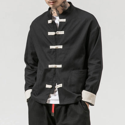 Men Tang Suit Jacket | Linen Top | Long Sleeve Black Top