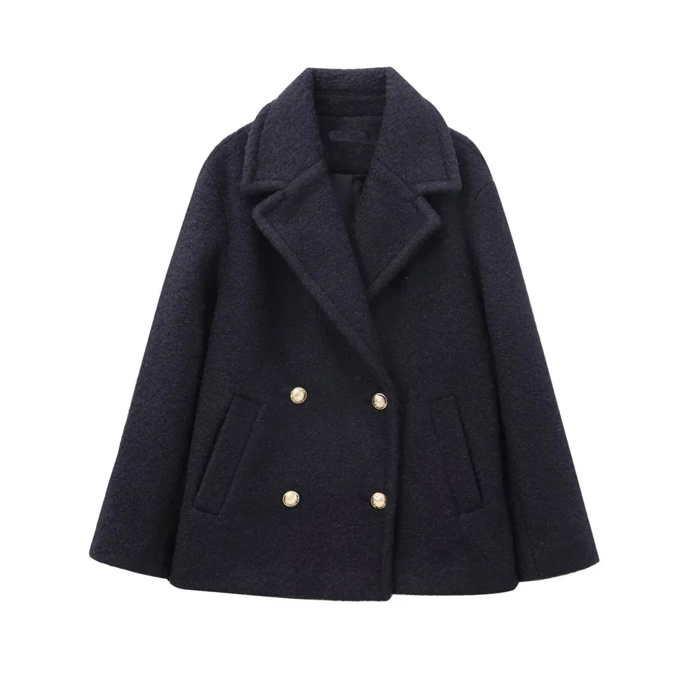 Women French Short Coat | Double Breasted Coat black
