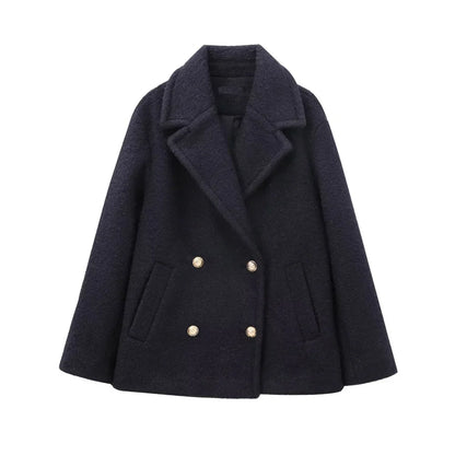 Women French Short Coat | Double Breasted Coat black