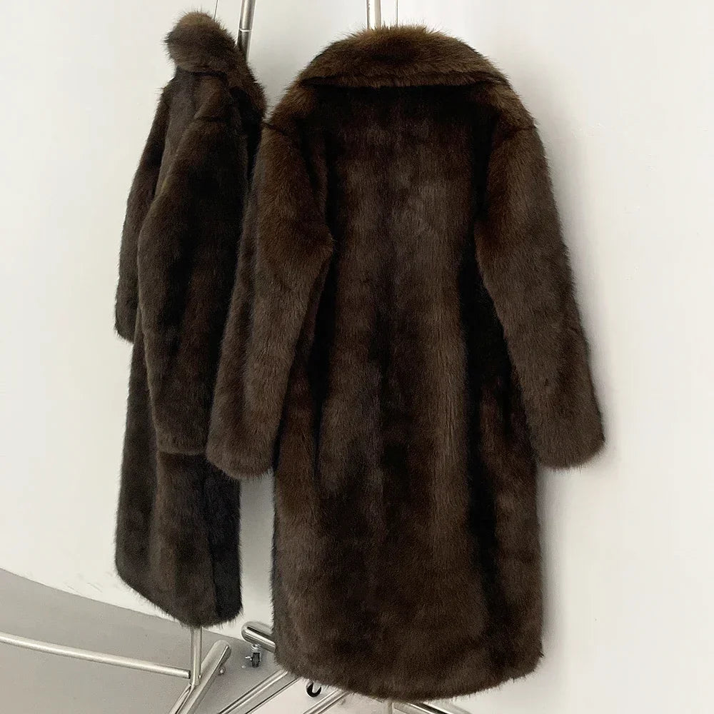 Women Long Fur Coat | Long Jacket | European Style | Lapel Fur Coat | Loose | Winter Coat | Long Coat