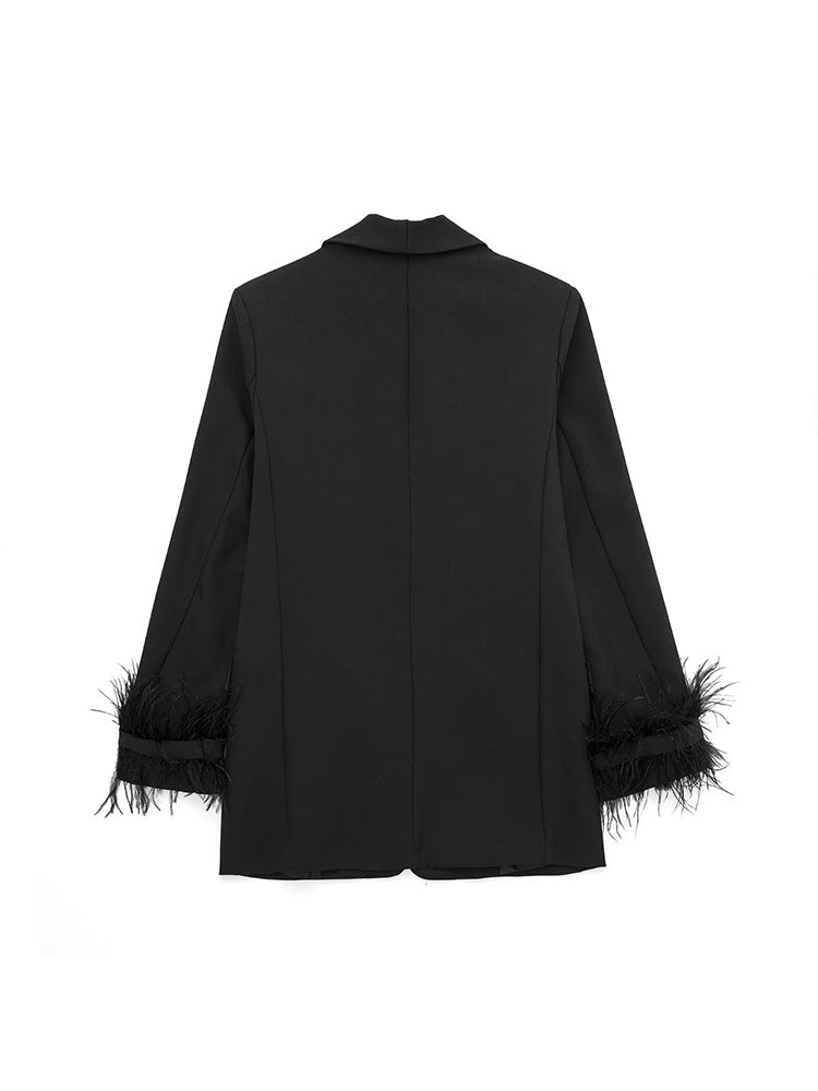 Women Satin Black With Feather Blazer Jacket | Vintage | Notched Neck