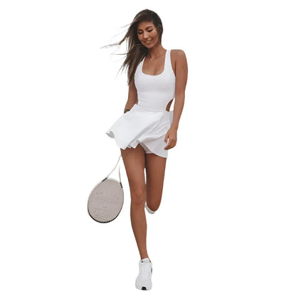 Women Tennis Dress | One-Piece Sports Dress | Slim Fit | Hollow Waist Mini Fitness Dress White