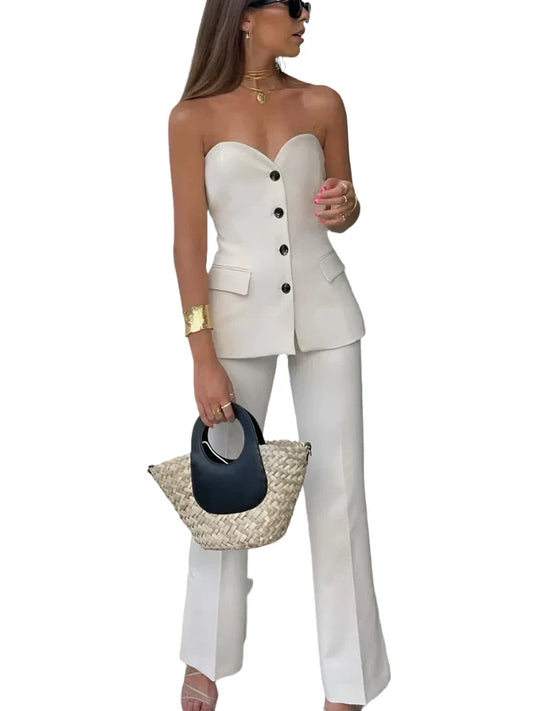 Women Solid Tube Top Pant Suit | Sleeveless Off Shoulder Top and Straight Trousers 2 Piece