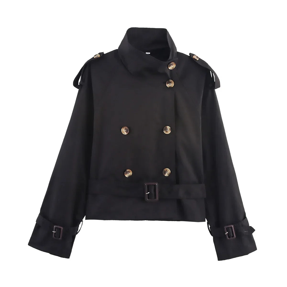 Women Short Trench Coat | Double Breasted With Belt | Windbreaker black