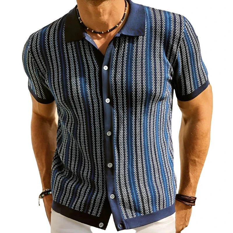 Men Knitted Printed Shirt | Short Sleeve Button Down Navy Blue