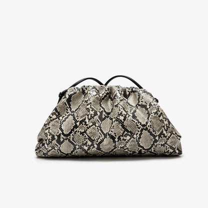 Women Leather Ruched Serpentine Dumpling Bag | Pouch Handbag | Cloud Clutch | Snake Pattern Shoulder Bag | Crossbody Bag