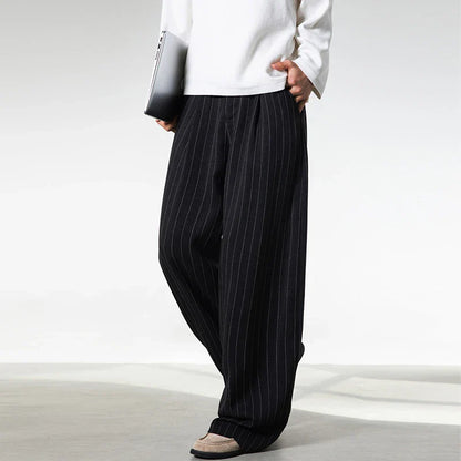 Men Classic Striped Pleated Wide Leg Trousers | Baggy | Straight | Dress Pants | Business