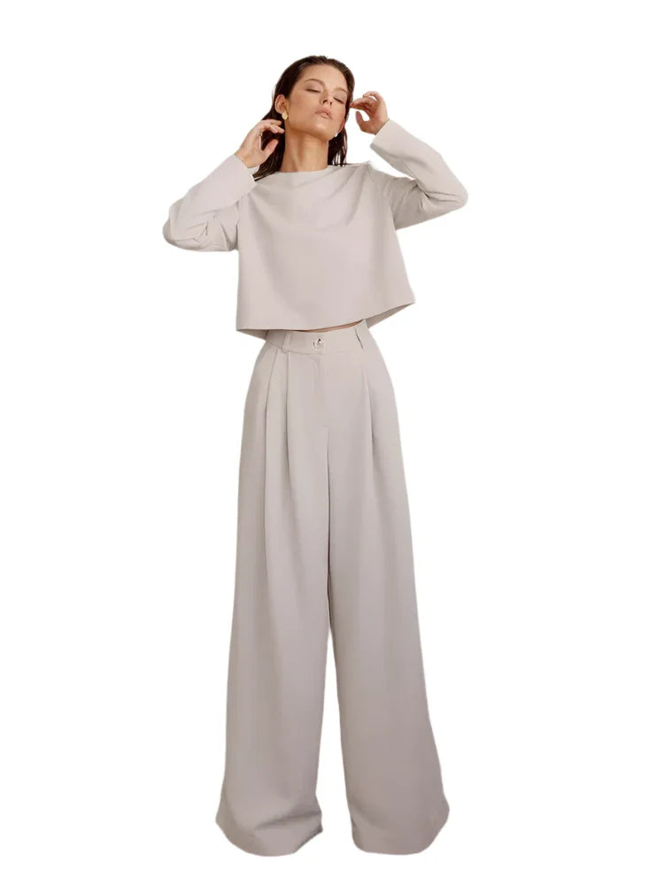 Women Classic 2 Piece Set | Vintage Plain Loose Shirt | Palazzo Floor-Length Pants