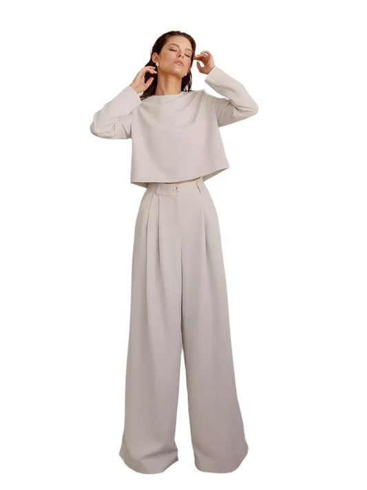 Women Classic 2 Piece Set | Vintage Plain Loose Shirt | Palazzo Floor-Length Pants