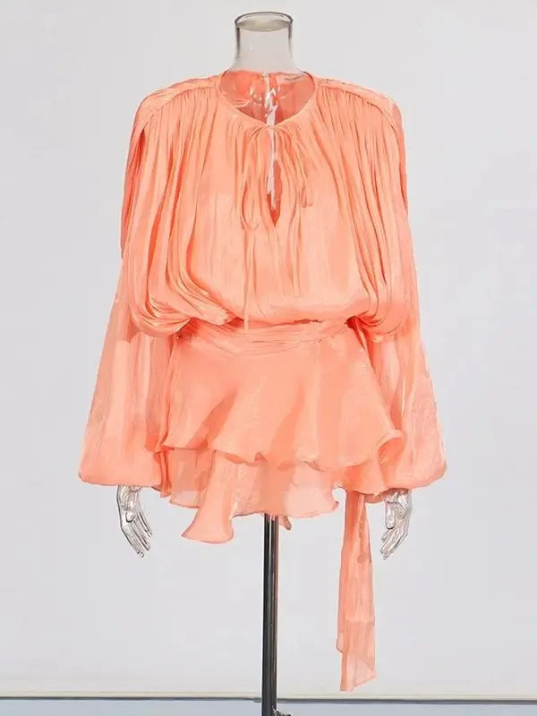 Women Flowy Mini Dress | V Neck | Long Sleeve | Spliced | Lace Up | Blouse Dress Light Orange