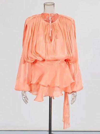 Women Flowy Mini Dress | V Neck | Long Sleeve | Spliced | Lace Up | Blouse Dress Light Orange