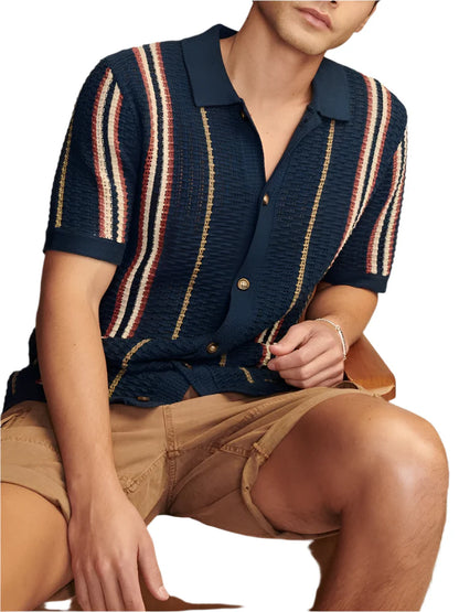 Men Knitted Summer Shirt | Casual Breathable Slim Fit Short Sleeve | Vintage Striped Crochet Knit Shirt