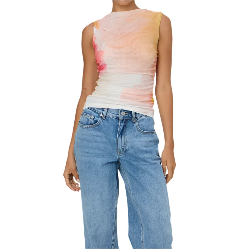 Women Casual Sleeveless Round Neck Chiffon Blouse | Chic Shirt Blouse | Summer Fitted Top White Orange