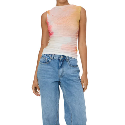 Women Casual Sleeveless Round Neck Chiffon Blouse | Chic Shirt Blouse | Summer Fitted Top White Orange