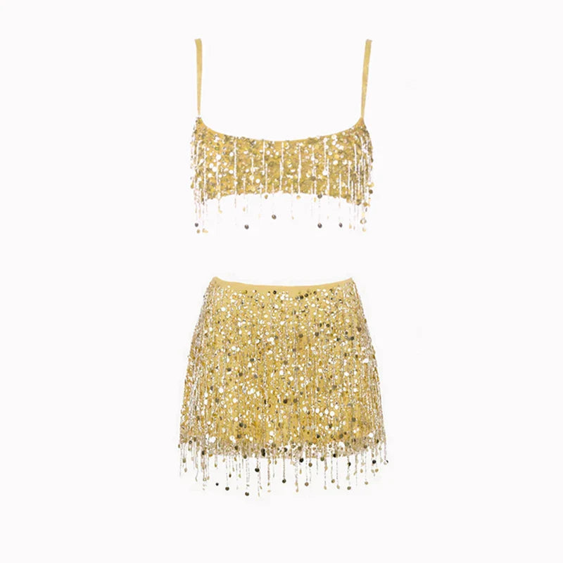 Women Summer Tassel Top With Mini Skirt Set | Sequin Crop Top | Backless | Beach Holiday yellow Set