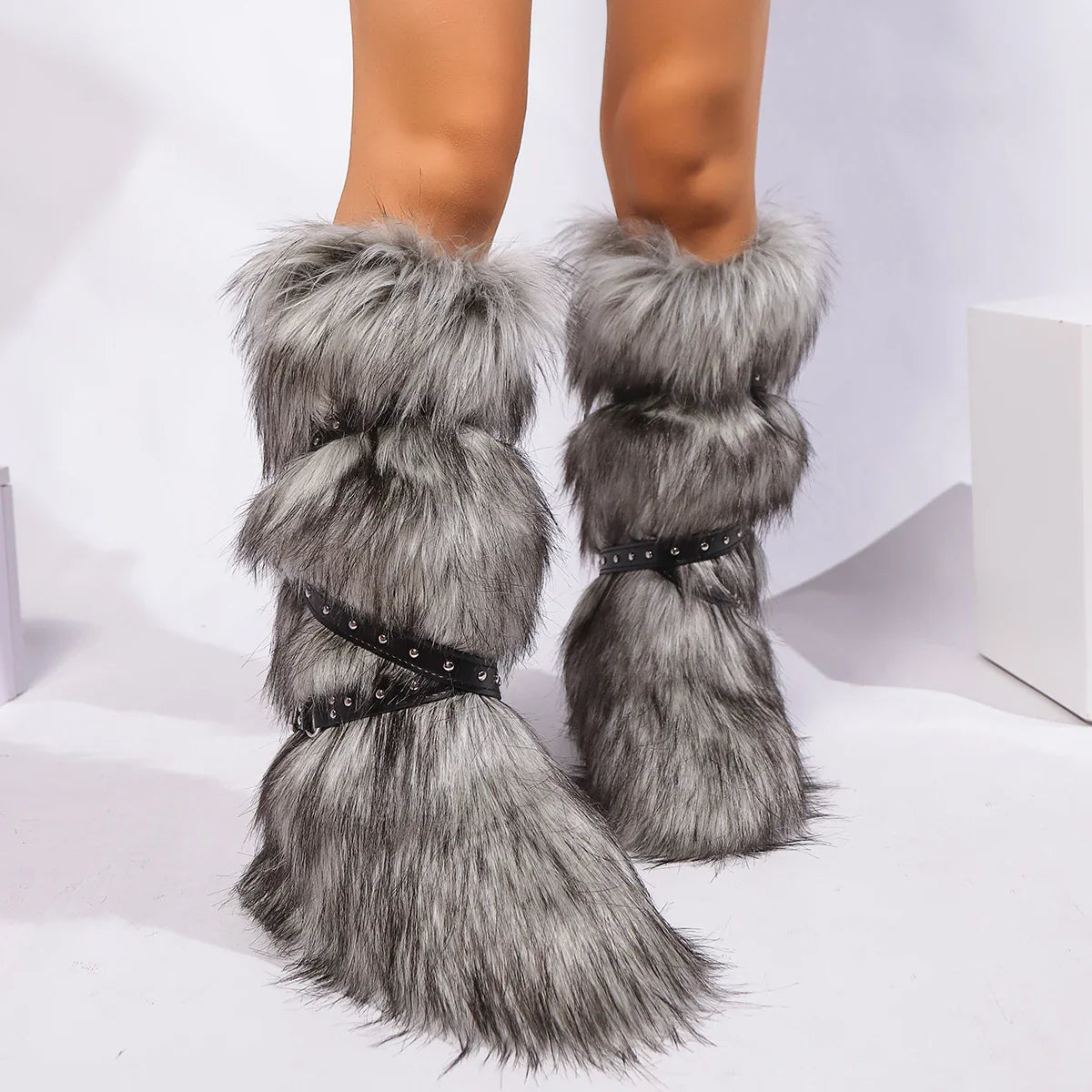 Women Winter Boots | Faux Fur Snow Boots | Warm Long Boots | Plush Over Knee | High Boots | Y2K | Furry Shoes Dark Grey