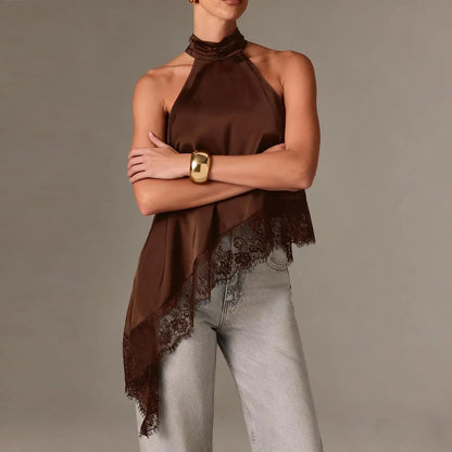 Women Asymmetrical Lace Satin Top | Silk Vest | Draped Choker | Halter Neck | Cami
