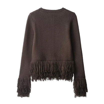 Women Fringed Cardigan | Knitted Sweater with Tassel | Vintage | Long Sleeves