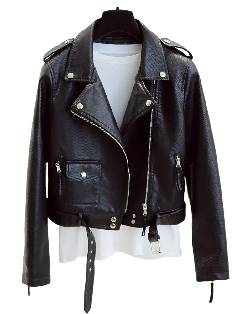 Women Biker Leather Jacket with Belt black