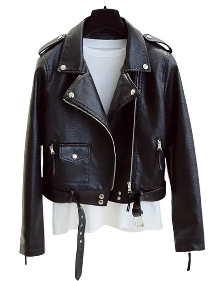 Women Biker Leather Jacket with Belt black