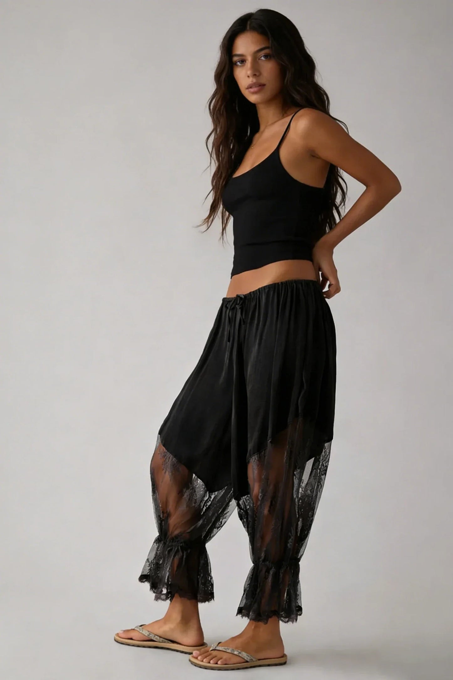Women Loose Fit Bloomers Cropped Pants | High Waist | Floral Lace | Lantern Trousers