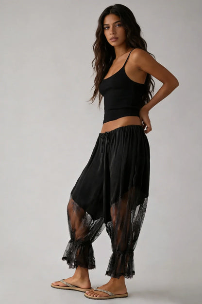 Women Loose Fit Bloomers Cropped Pants | High Waist | Floral Lace | Lantern Trousers