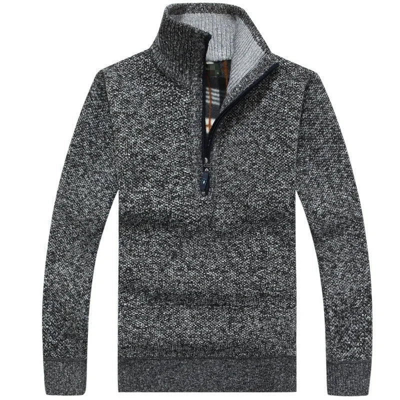 Men Fleece Thick Sweater | Half Zipper Turtleneck Warm Pullover | Slim Knitted Wool Sweater Dark Grey