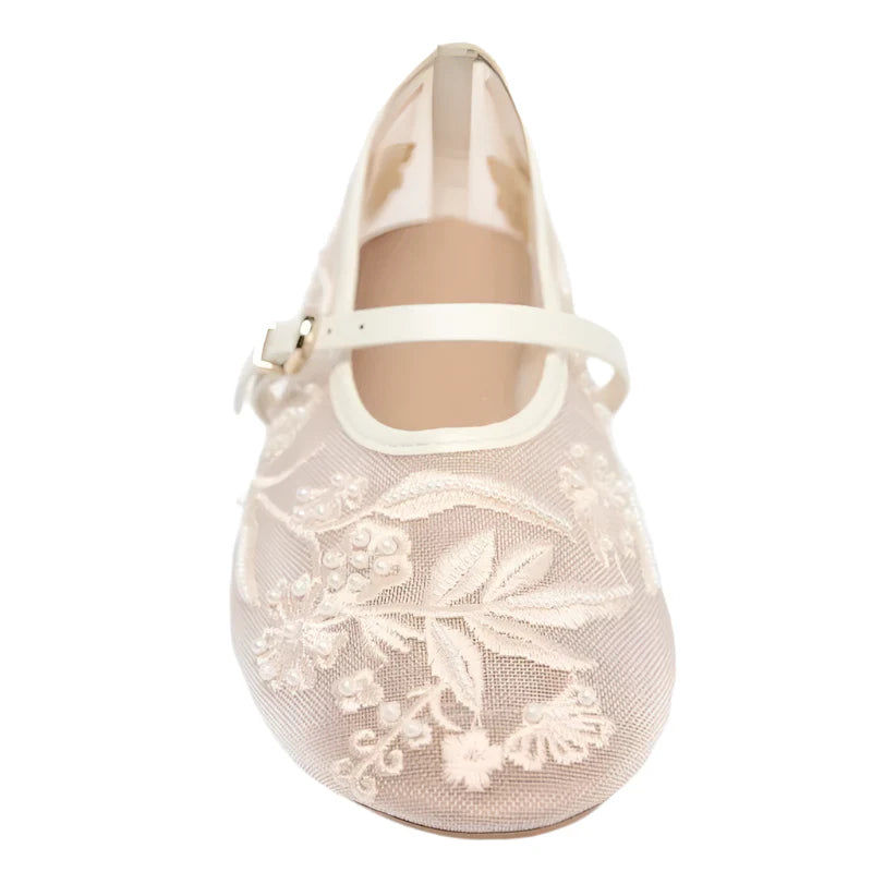 Women Embroidered Pearl Mesh Ballet Flats | Round Toe Flat Sandals | Belt Buckle Mary Jane Shoes