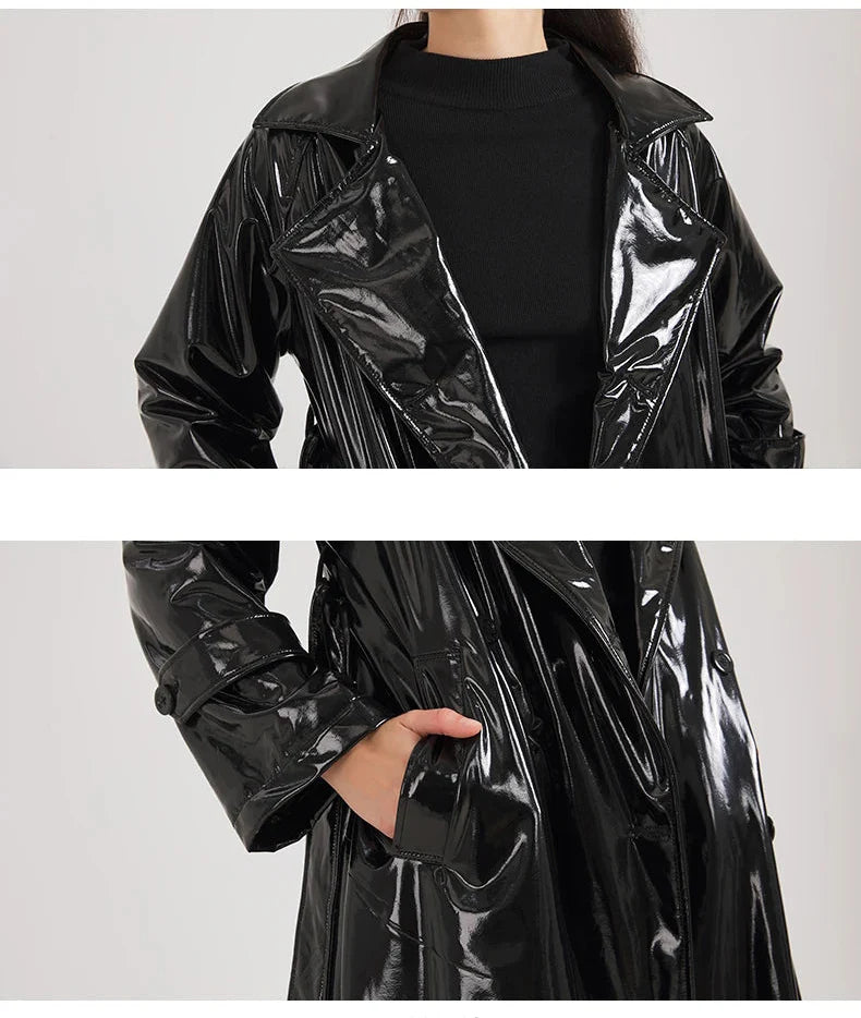 Women Black Shiny Leather Trench Coat | Luxury Designer | Floor Length | Glossy Leather Coat | Reflective | Soft Patent