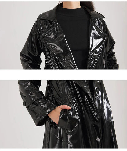 Women Black Shiny Leather Trench Coat | Luxury Designer | Floor Length | Glossy Leather Coat | Reflective | Soft Patent