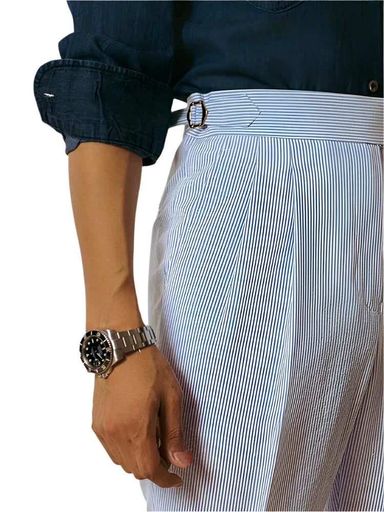Men Classic Striped High Waist Suit Pants | Pleated Slim Pants