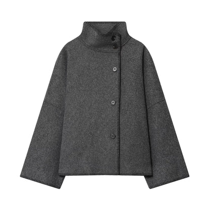 Women Short Jacket | Wide Shoulder | Vintage High Neck | Long Sleeve | Cape Coat Gray