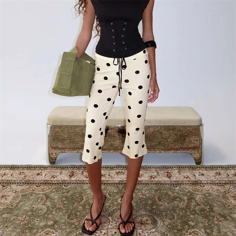 Women Vintage Polka Dot Capri Pants | High Waist | Slim Fit | Cropped Pants | Trousers | Y2K