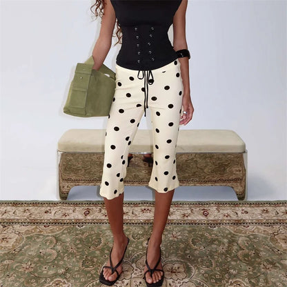 Women Vintage Polka Dot Capri Pants | High Waist | Slim Fit | Cropped Pants | Trousers | Y2K