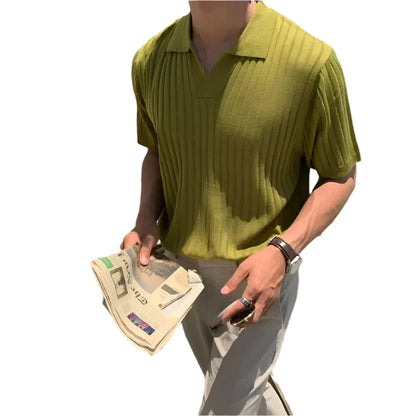 Men Summer Knitted Polo Shirt | Striped V-Neck Solid Color Short Sleeved Knitwear green