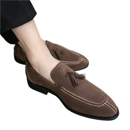 Men Suede Leather Loafers | Vintage Tassel Slip-On Brown