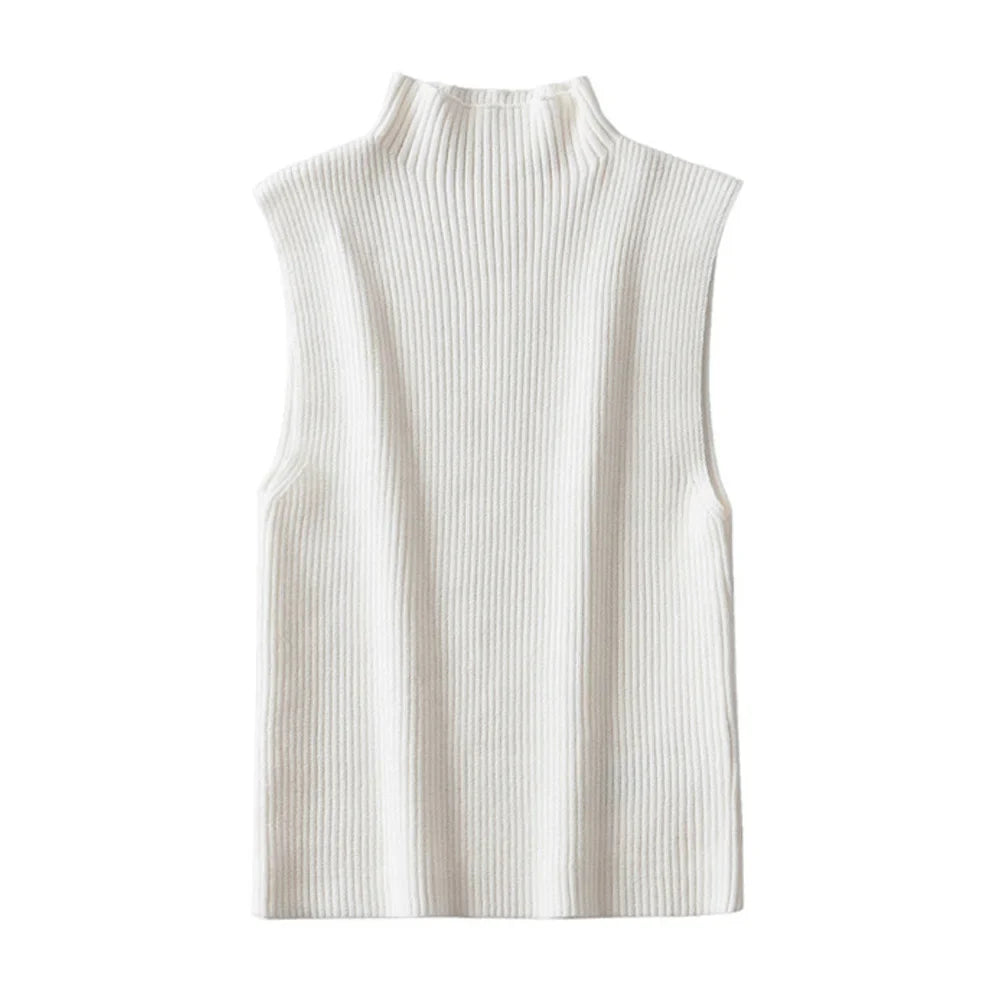 Women Knitted High Neck Top | Classic Ribbed Sleeveless Knit Top | Chic Vest Top White