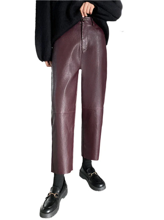 Women Wide Leg High Waist Leather Pants | Casual Loose Ankle Length Trousers
