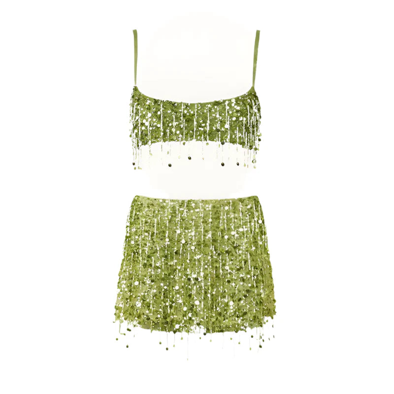 Women Summer Tassel Top With Mini Skirt Set | Sequin Crop Top | Backless | Beach Holiday green Set