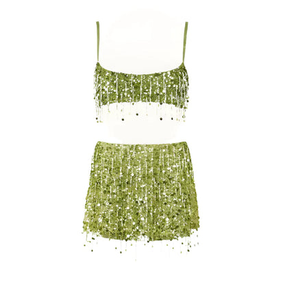 Women Summer Tassel Top With Mini Skirt Set | Sequin Crop Top | Backless | Beach Holiday green Set