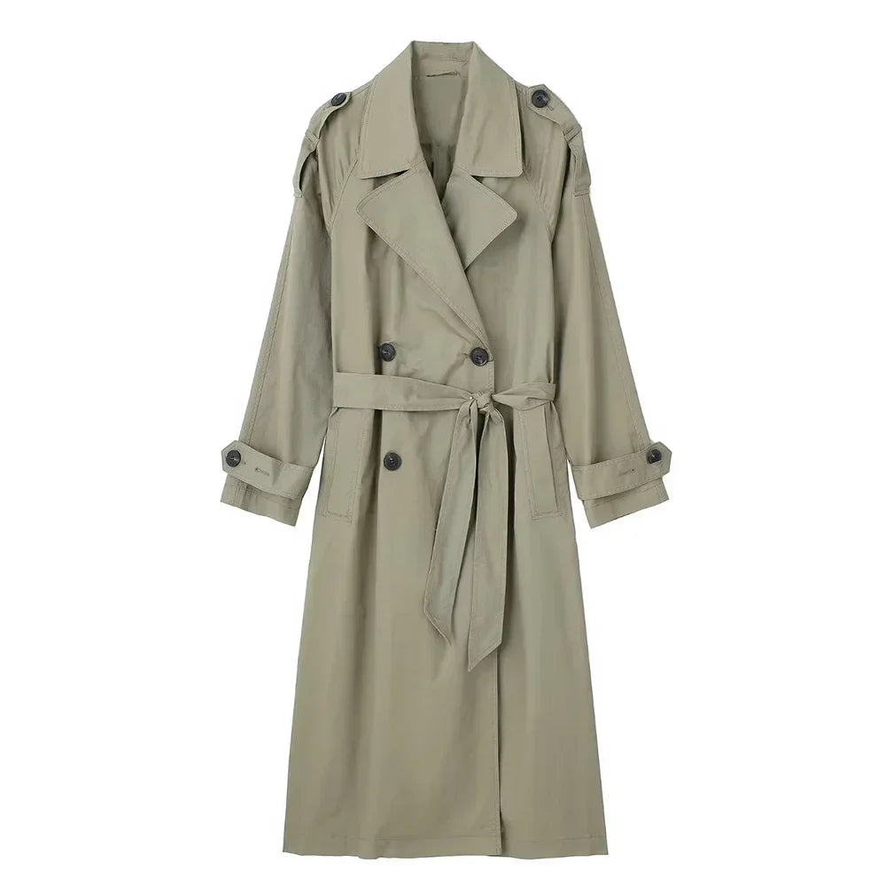 Women Double Breasted Trench Coat With Belt Green