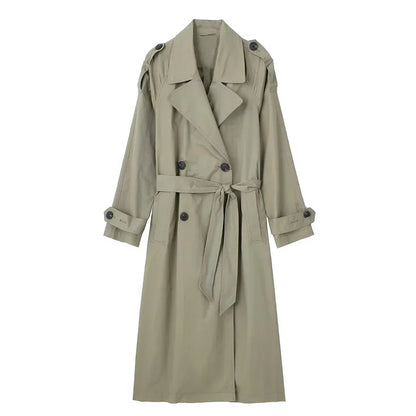 Women Double Breasted Trench Coat With Belt Green