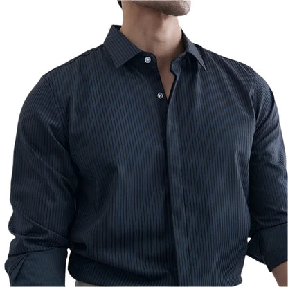 Men British Style Dress Shirt | Striped Long Sleeve Shirt | Business Shirt Black Grey