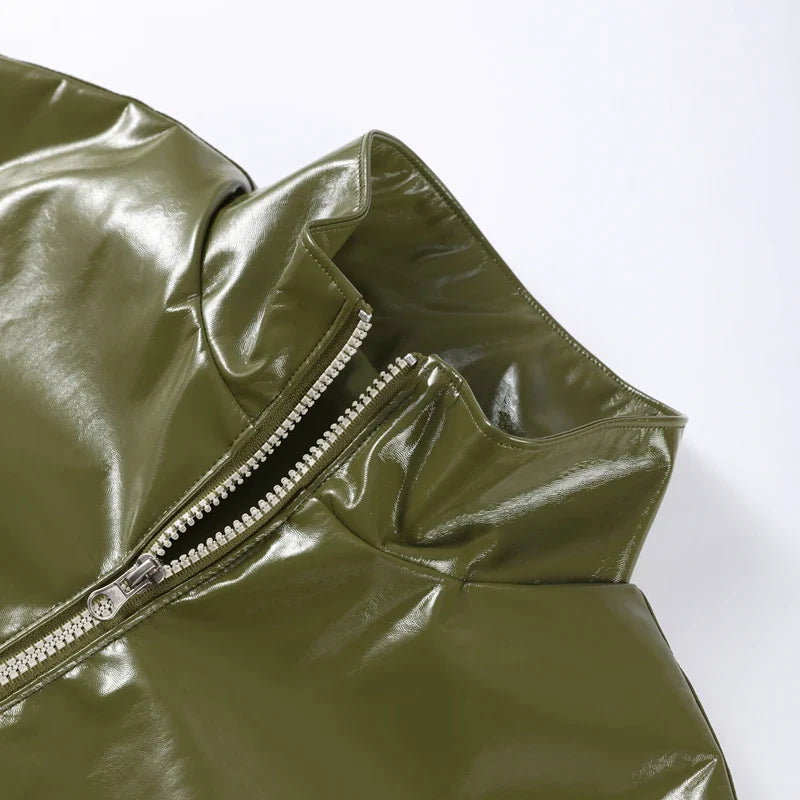 Woman Glossy Leather Two Piece Set | Leather Jacket | Straight Long Leather Skirt | Autumn | Stand Collar Zipper Jacket |