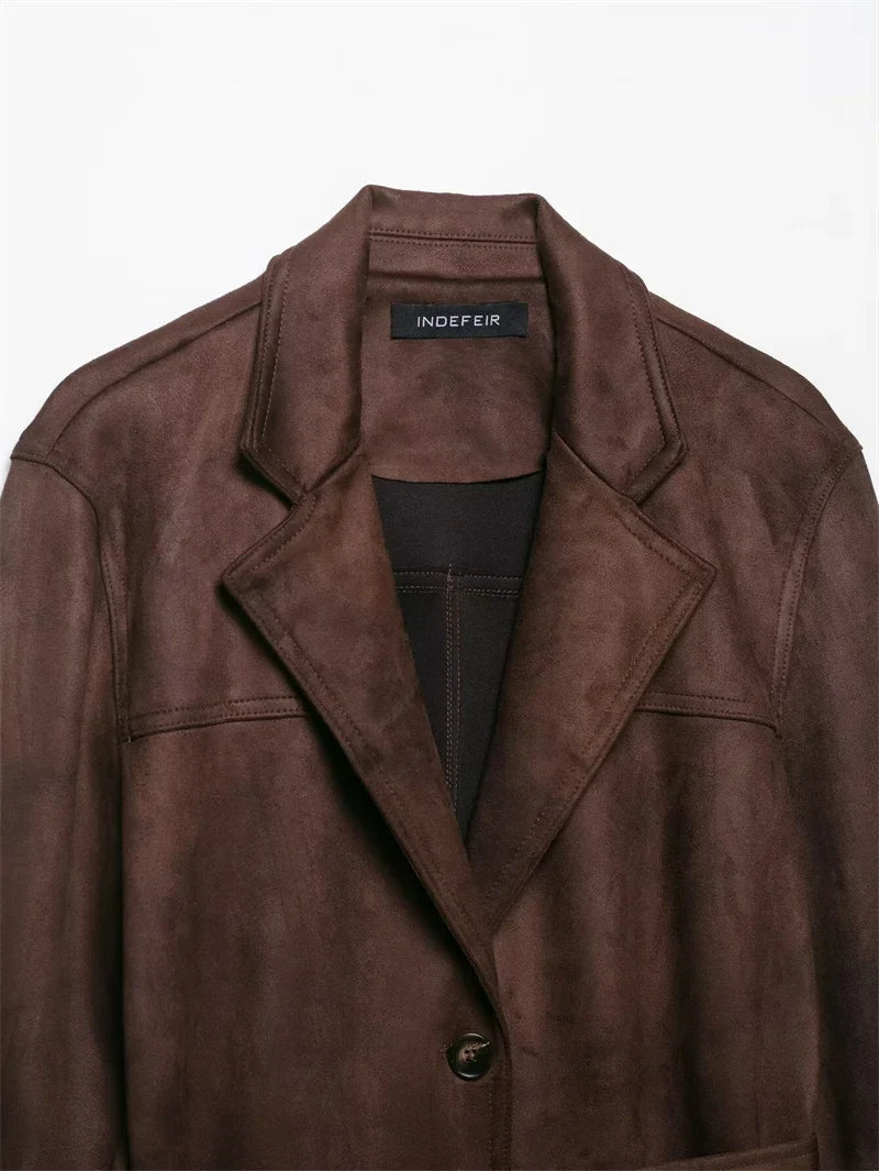 Women Brown Jacket | Long Sleeve | Suede | Belt Jacket