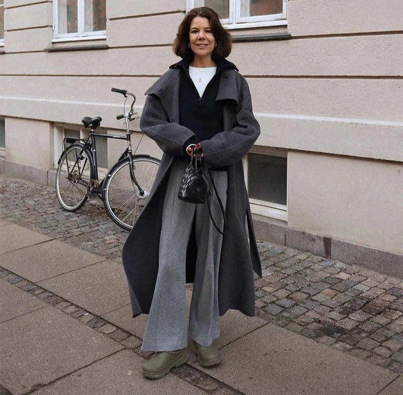 Women Long Cotton Coat | Stand Collar | Single Breasted Coat With Belt