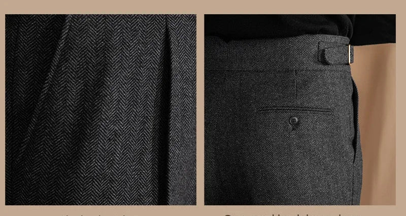 Men Vintage Wool Herringbone Pattern Pants | Casual | British | Warm | High Waist | Straight Pants