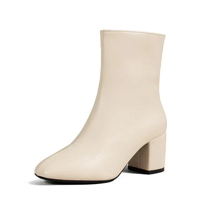 Women Leather Ankle Boots | Zipper Closure | Mid-Heel Creamy-white
