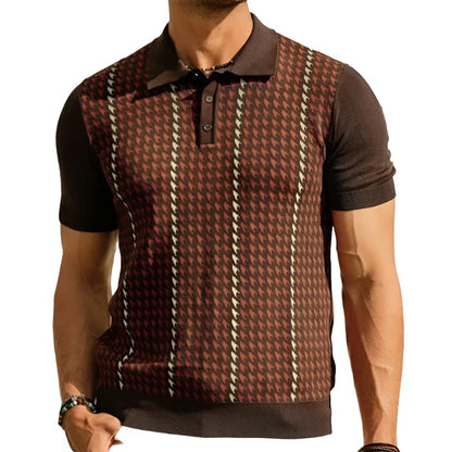 Men Classic Houndstooth Knitted Polo Shirt | Crochet Knit Polo Collar | Short Sleeve Pullover
